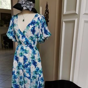 New! Blue & Green flower puff sleeve long dress